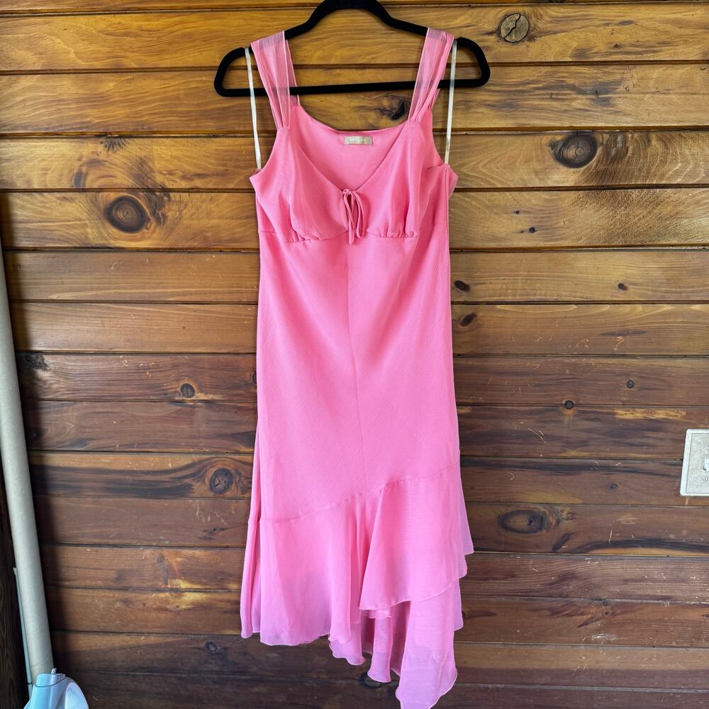 VINTAGE | 90s Y2K Pink Chiffon Coquette Fairy Milkmaid Asymmetric Dress Size L